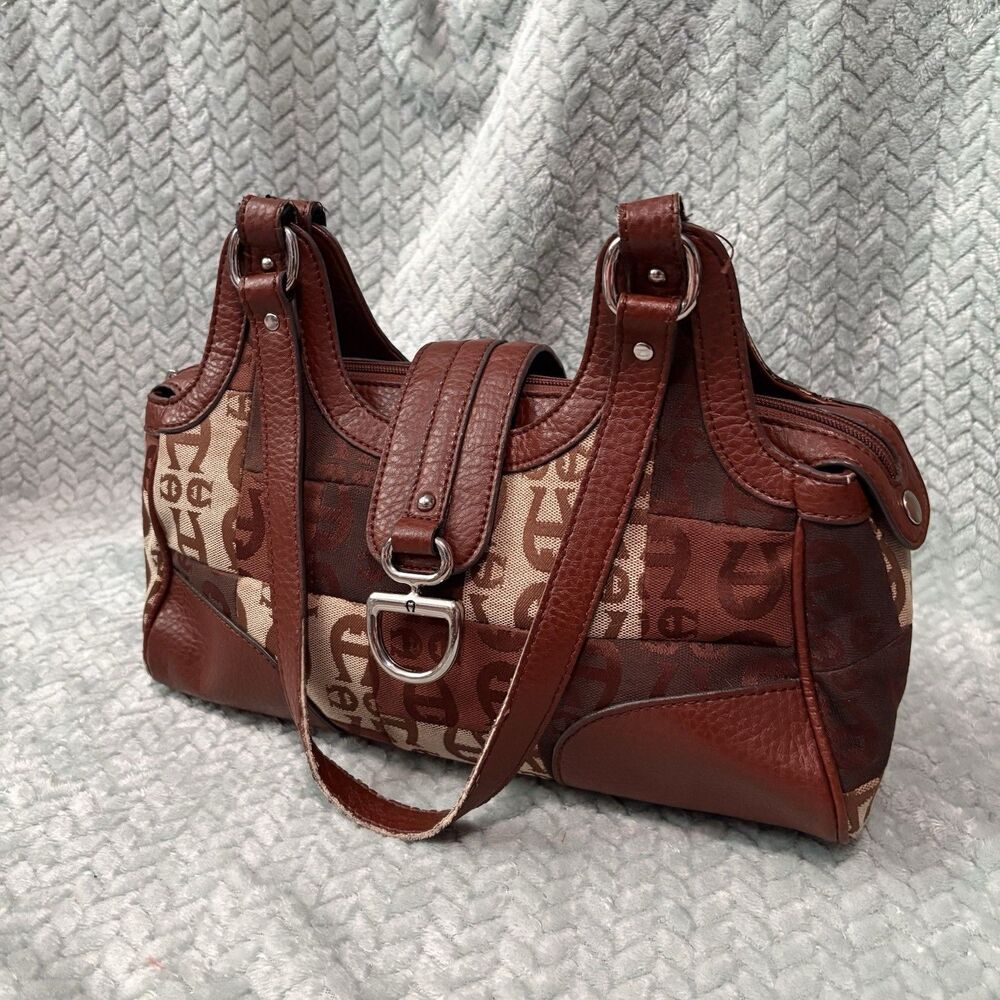 Etienne Aigner Monogram Jacquard Satchel Leather Trim Horseshoe Buckle Boho Y2K